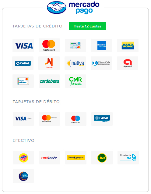 Imagen que contiene las opciones de pago de mercado pago argentina